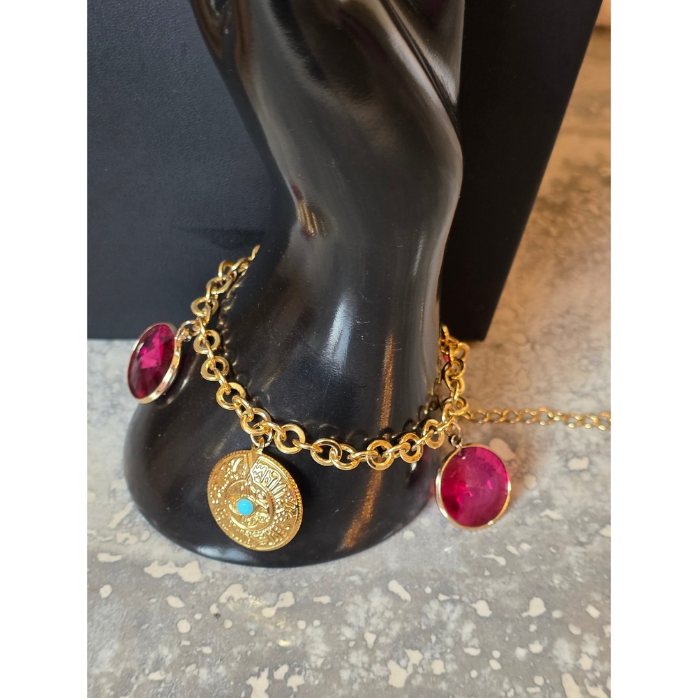 Byzantine Inspired Gold Tone Red Gemstone Necklace &‎ Bracelet Set - Picture 2 of 5